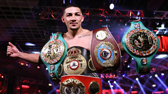 Teofimo Lopez Jr celebrates after defeating Vasiliy Lomachenko (not pictured) in their Lightweight World Title bout at MGM Grand Las Vegas Conference Center on October 17, 2020 in Las Vegas, Nevada.